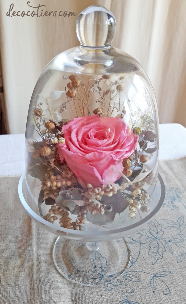 « Cloche sur pied en verre avec rose éternelle et fleurs séchées »