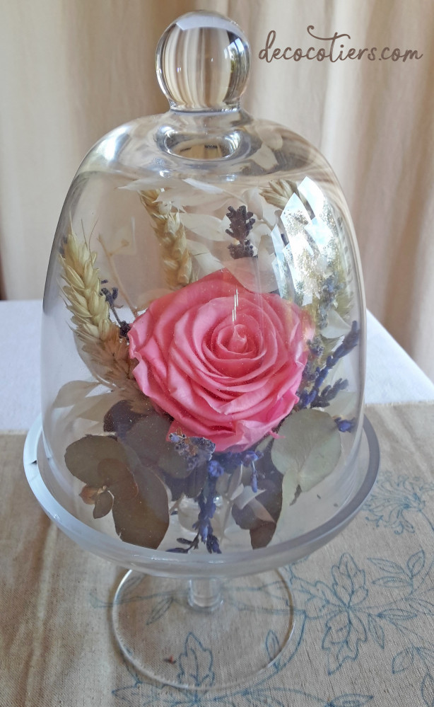 « Cloche sur pied en verre avec rose éternelle et fleurs séchées »