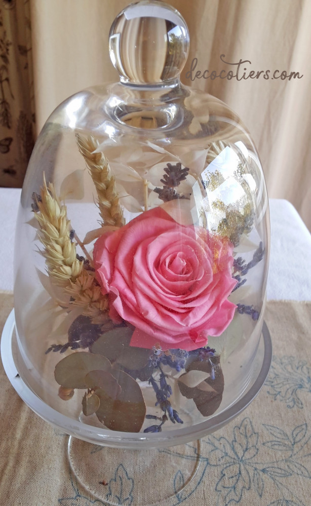 « Cloche sur pied en verre avec rose éternelle et fleurs séchées »