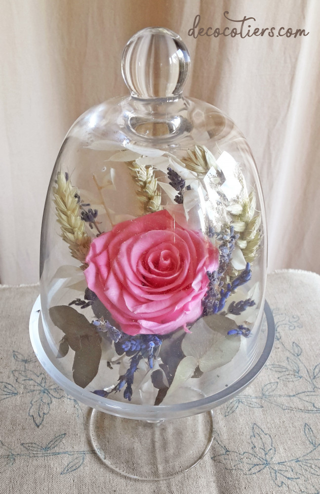 « Cloche sur pied en verre avec rose éternelle et fleurs séchées »