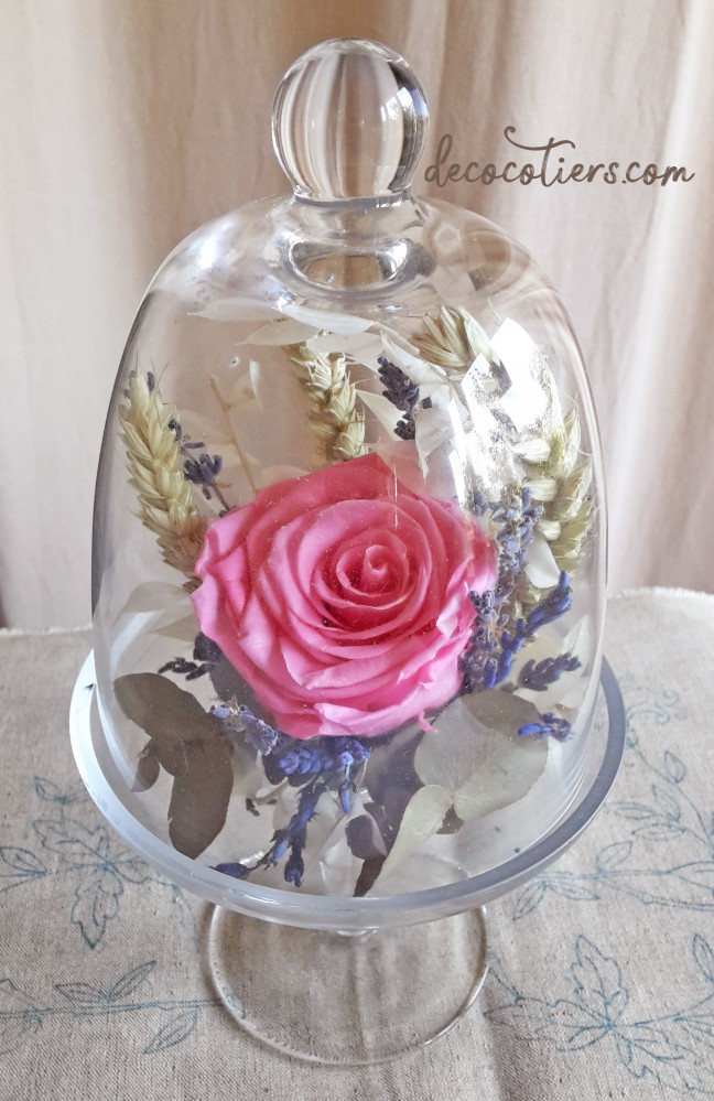 « Cloche sur pied en verre avec rose éternelle et fleurs séchées »