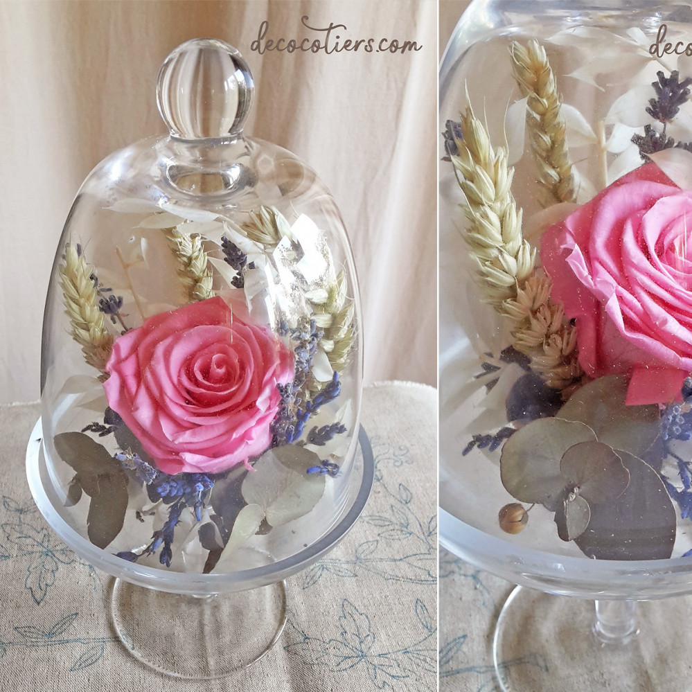 « Cloche sur pied en verre avec rose éternelle et fleurs séchées »