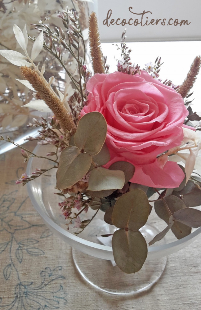 « Cloche sur pied en verre avec rose éternelle et fleurs séchées »